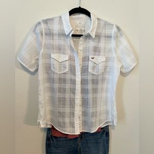 Y2K Hollister, sheer, white, medium, collared blouse.  Good condition.